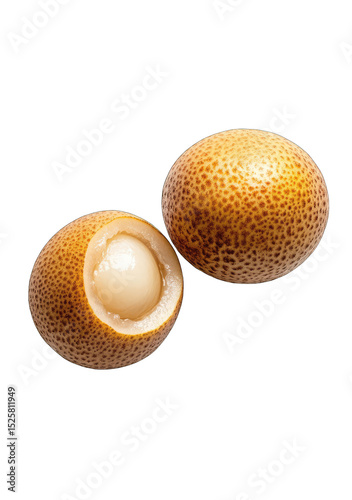 Two round, light brown seeds, one halved, revealing a creamy interior