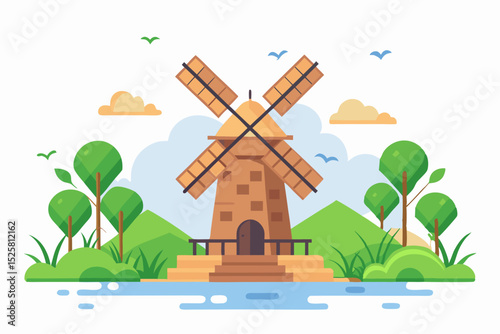 windmill lake birds eco nature icon