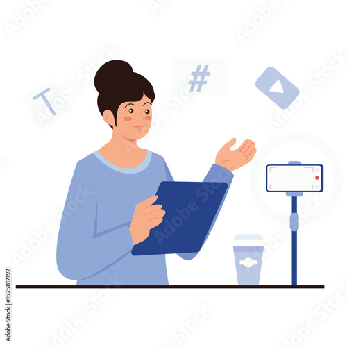 Content Marketing Illustation. Vector illustration of A woman preparing content on a tablet with a smartphone camera setup for video production. Isolated on background