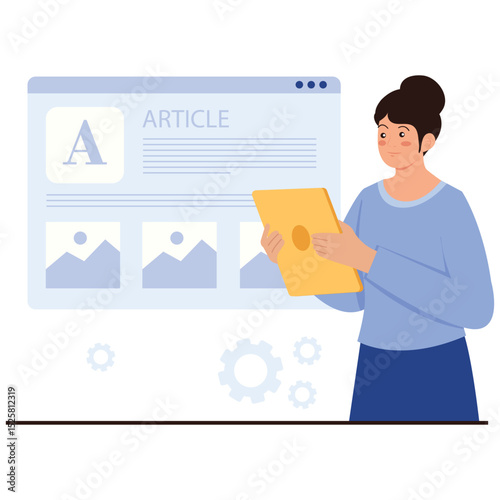 Content Marketing Illustation. Vector illustration of A woman reading or editing a webpage with articles and image thumbnails using a tablet. Isolated on background