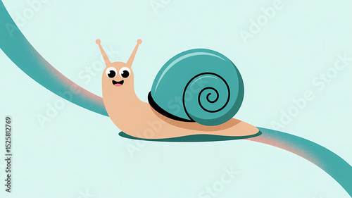 Flat Design Illustration of a Cheerful Cartoon Snail with a Teal Spiral Shell on a Soft Gradient Background