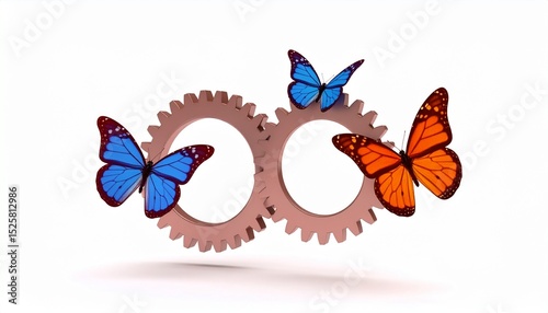 Growth mindset, motivation and self-improvement: Mindset shift, gears transforming into butterflies.