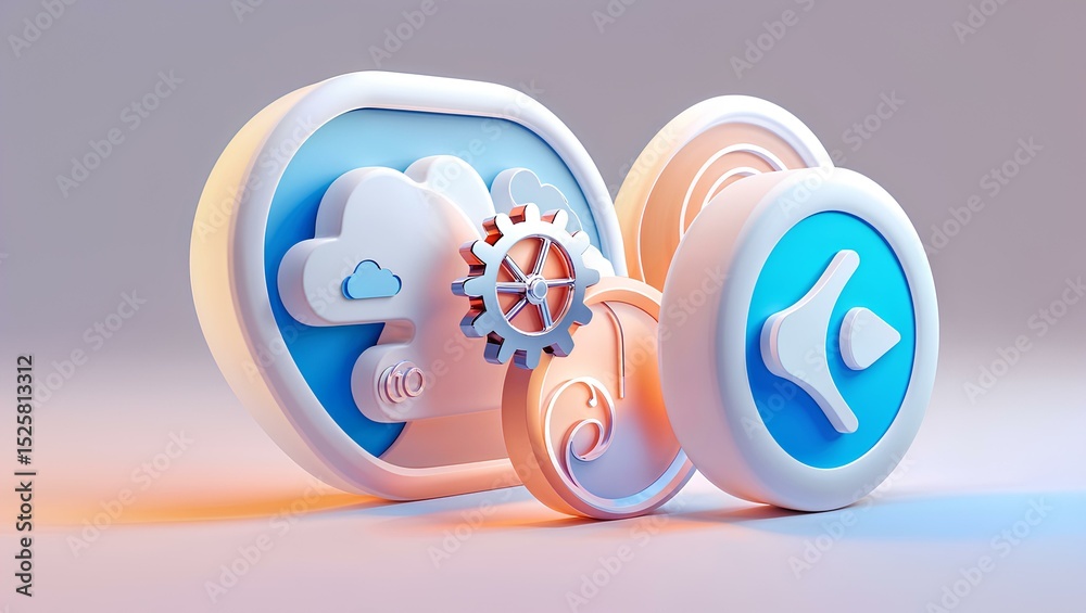 Fototapeta premium 3D pack of app icons cloud storage, message bubble, settings gear, media play isolated, soft lighting, vector feel