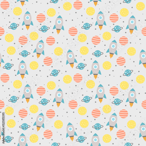 Seamless Space Pattern with Rockets, Planets, and UFOs – Cute Outer Space Vector Background for Kids