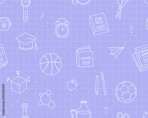 Seamless simple pattern, checkered notebook sheet of papers with doodle outline illustrations of school supplies, blue background. Book, textbook, square academic cap, ball, chemical flask.