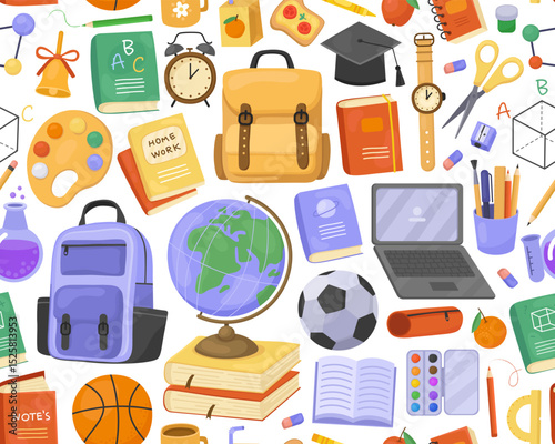 Seamless pattern, school supplies on white background. Globe, backpack, book, ball, palette, laptop, watch, stationery. Cute childish ornament for textile, paper, print.