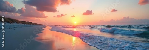 Pastel sunrise over tranquil South Carolina beach; gentle waves lap shore , light, nature