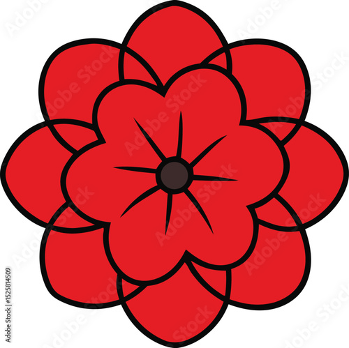 Red Geranium Flower Icon on White Background with Black Outline – Vector Graphic