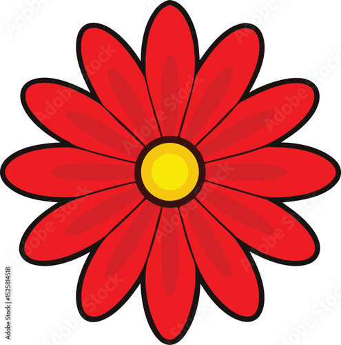Red Daisy Flower Icon with Black Outline on White Background – Vector Graphic