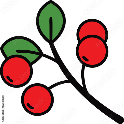 Red Berries Branch Icon on White Background – Black Outline Vector
