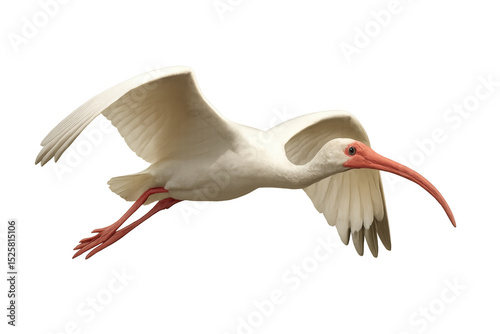 American white ibis gracefully soaring with spread wings, isolated on a transparent background
