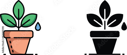 Vector illustration of potted plant with water drop, color and black silhouette versions for gardening, eco care, nature, and decor themes