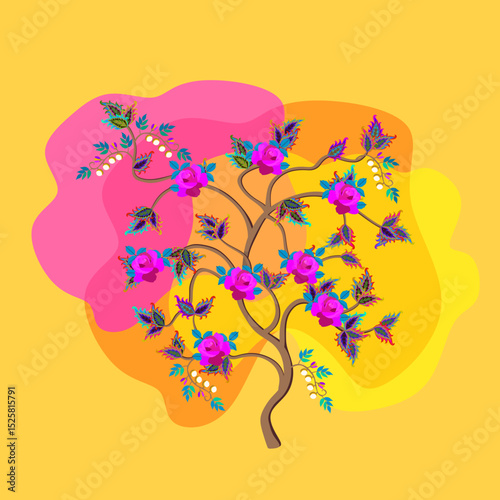 Blooming fantasy tree isolated on sunny yellow background in vector. Print for t-shirt, pillow, napkin, card.