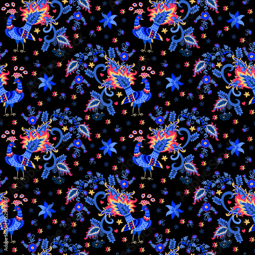 Seamless animal pattern with fabulous blue birds and colorful flowers on a black background in folk style. Beautiful vintage print for fabric.