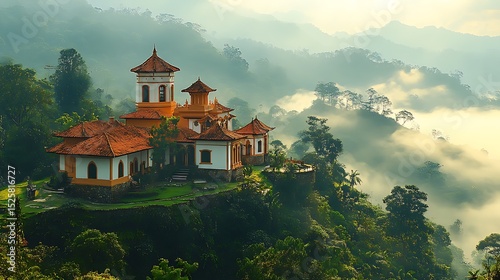 Mountaintop structure with foggy valley view