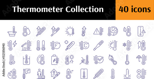 Collection of Line Icons of Thermometer and Temperature. Minimalistic Linear Pictogram for Web and Graphic Design, Apps, Banners, Social Network and Cards