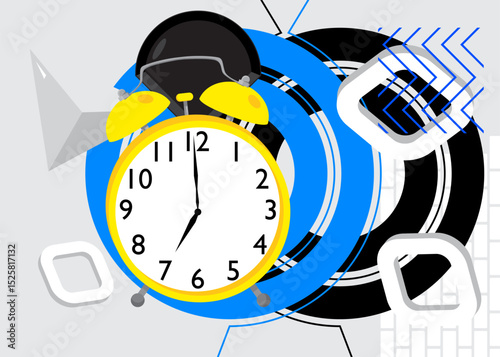 Alarm Clock geometrical graphic retro theme background. Minimal geometric elements. Vintage abstract shapes vector illustration.