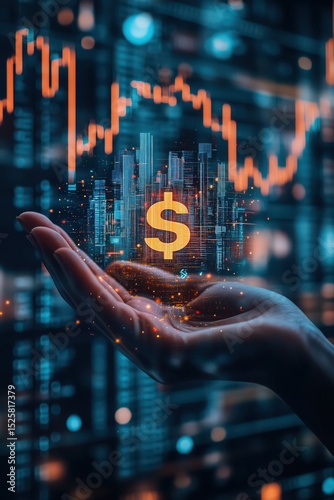 Photography of human hand holding digital S hologram with trading market graph background.