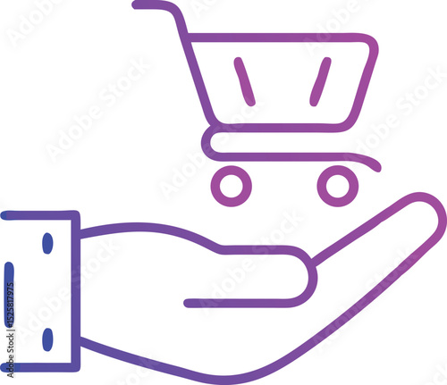 Hand holding shopping cart icon in gradient purple and blue outline style
