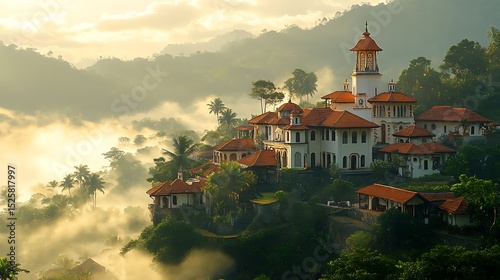 Misty tropical hillside estate