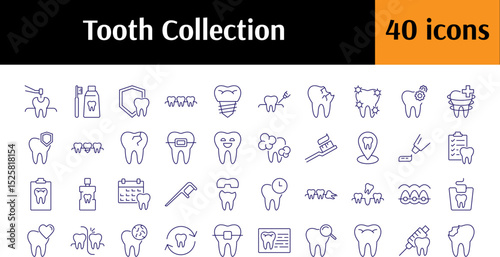 Tooth, Dentistry, Braces, Cleaning Line Icon Collection. Minimalistic Linear Pictogram for Web and Graphic Design, Apps, Banners, Social Network and Cards