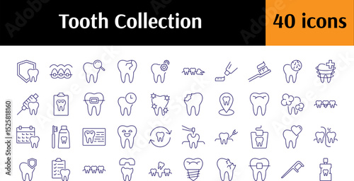 Tooth, Dentistry, Braces, Cleaning Line Icon Set. Minimalistic Linear Pictogram for Web and Graphic Design, Apps, Banners, Social Network and Cards