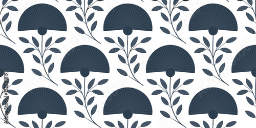 Seamless vector pattern with traditional hand fan and floral leaves, elegant Japanese inspired design for fabric, wallpaper, and decoration prints