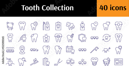 Pack of Line Icons of Tooth, Dentistry, Braces, Cleaning. Minimalistic Linear Pictogram for Web and Graphic Design, Apps, Banners, Social Network and Cards