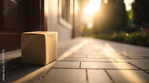 A cardboard package arrives at the doorstep, symbolizing convenience and modern delivery services. photo