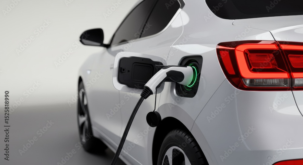 Fototapeta premium A white electric vehicle is shown from the rear, with a charging cable plugged into its charging port, illuminated by a green light.