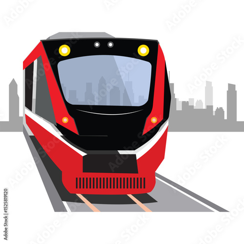 Red and black LRT train with city skyline.