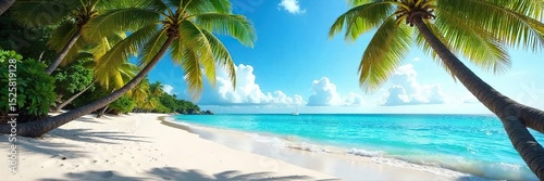Sun-drenched beach scene with turquoise water, palm trees swaying gently in the breeze, and soft white sand Perfect for travel, vacation, and summer themes , resort, sunlight