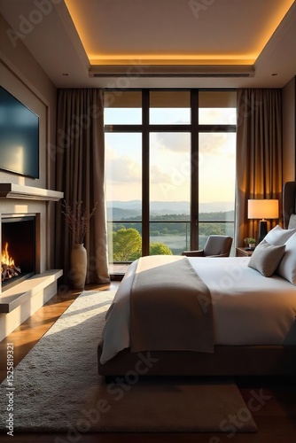 Luxurious motel suite with plush king bed, fireplace, and large window overlooking a scenic landscape Enjoy the high-end amenities and comfortable ambiance , furniture, high-end amenities, premium