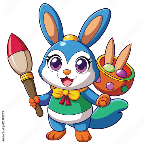 Adorable blue bunny artist holding paintbrush and paint palette