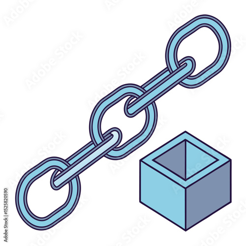 Isometric design of a chain and cube depicting connection and structure in blue tones