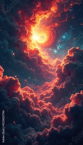 Distorted, swirling nebulae coalesce into nightmarish star formations, radiating ominous energy and cosmic horror A terrifying celestial landscape unfolds in deep space , red, vibrant