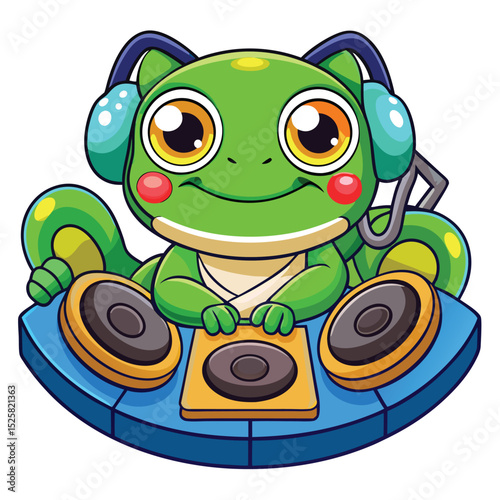 Adorable green frog dj cartoon illustration