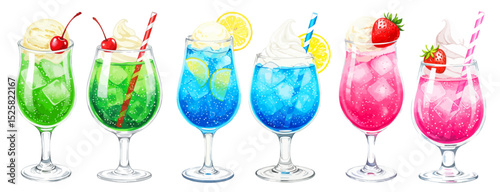 クリームソーダの水彩風手書きイラストセット 喫茶店の冷たい飲み物 メロンソーダ / レモンソーダ / ストロベリーソーダ

