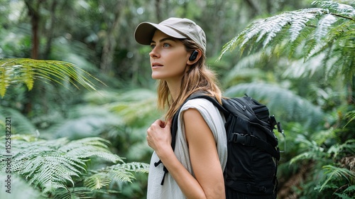 Young Woman Hiking in Lush Rainforest Wearing Earbuds Backpack She's enjoying nature's beauty