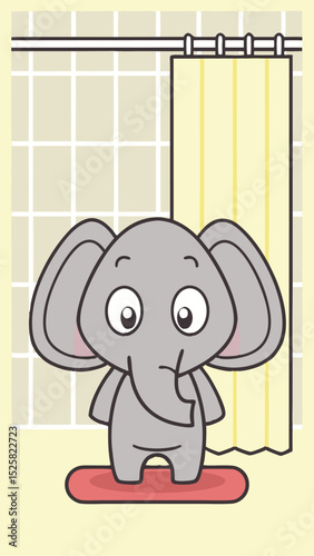 Adorable cartoon elephant in a bathroom with shower curtain and neutral background