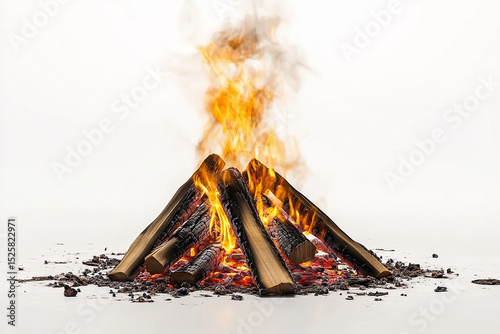 Close up of a burning campfire with logs and smoke on a white background