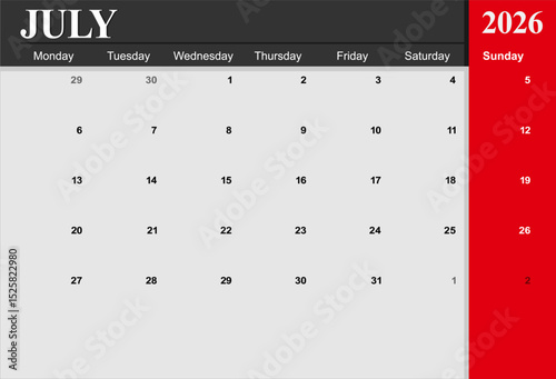 2026 year calendar. month, The week start on monday. EPS file vector.