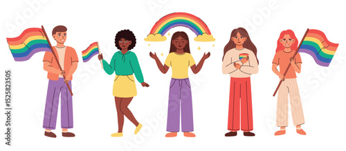 Set of happy lgbt people images. Pride month celebration. People with rainbow flags smiling. Flat vector illustration.