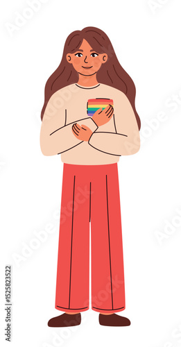 Woman in sweater with lgbt flag image. Pride month celebration. Flat vector illustration.