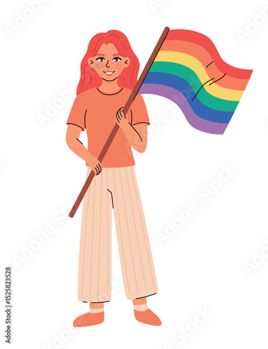Image of woman with lgbt flag. Pride month celebration. Flat vector illustration.