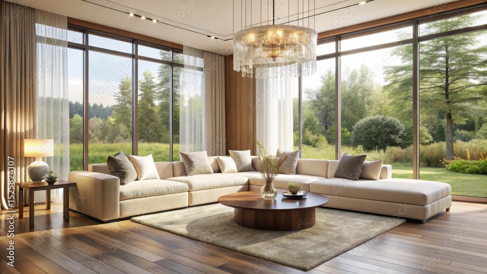 Fototapeta premium Serene Living Room Design Featuring a Sectional Sofa, Large Windows, and Wooden Accents