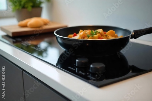 Close-up shot of a sleek, modern electric stovetop with gleaming black glass surface and integrated controls, ready for cooking , cooktop, appliance, top view