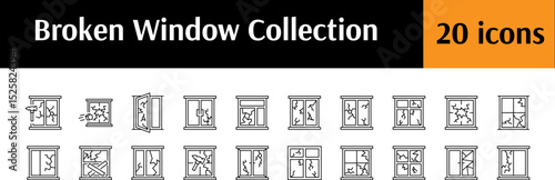 Broken Window Line Icon Set. Outline Signs for Graphic and Web Design, Apps, Adverts, Various Cards