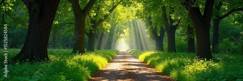 Sun-dappled path winding through a lush forest parkway, trees arching overhead creating a natural canopy Perfect for nature, travel, and serenity themed projects , spring, path, woodland