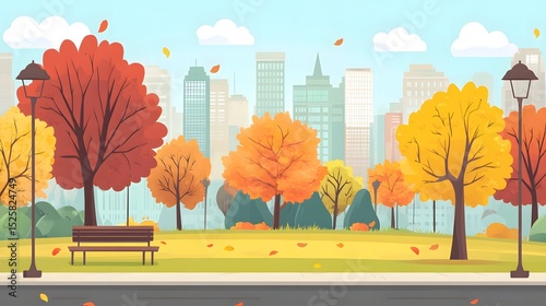 Cartoon park scene with autumn trees and cityscape background illustration